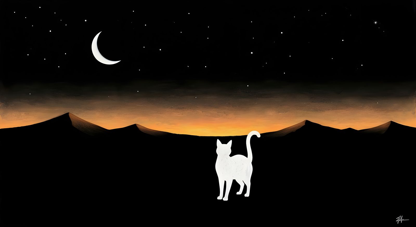 White Cat Silhouette in Desert Night Scene