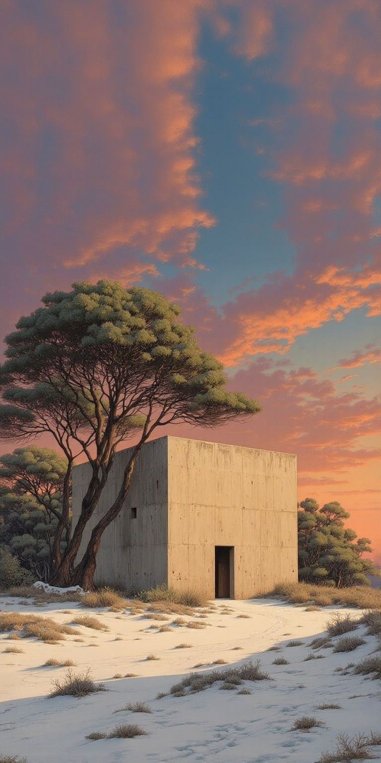 Neoclassic Concrete Building in Snowy Desert Sunset