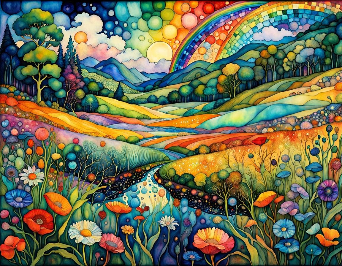 Magical Rainbow Meadow in Post-Impressionist Style