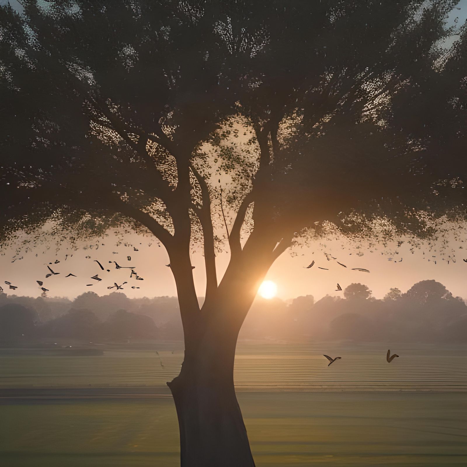 Sparrows Flying at Sunrise Near a Mighty Oak