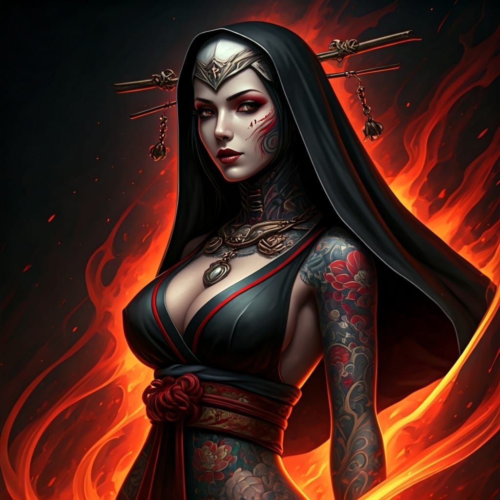 Tattooed Assassin Nun in Kimono Bikini: Hyperrealistic Art