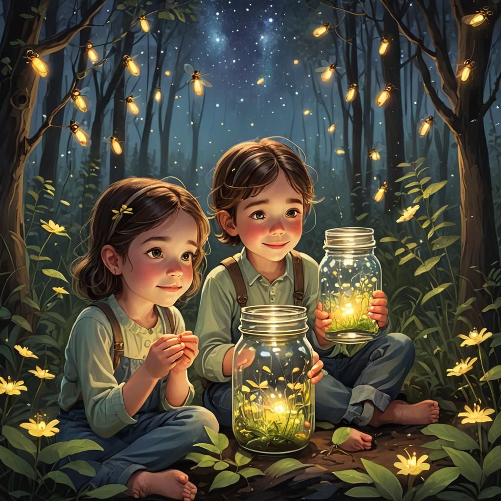 Fireflies inside a Mason jar. 2 adorable kids laying on thei...