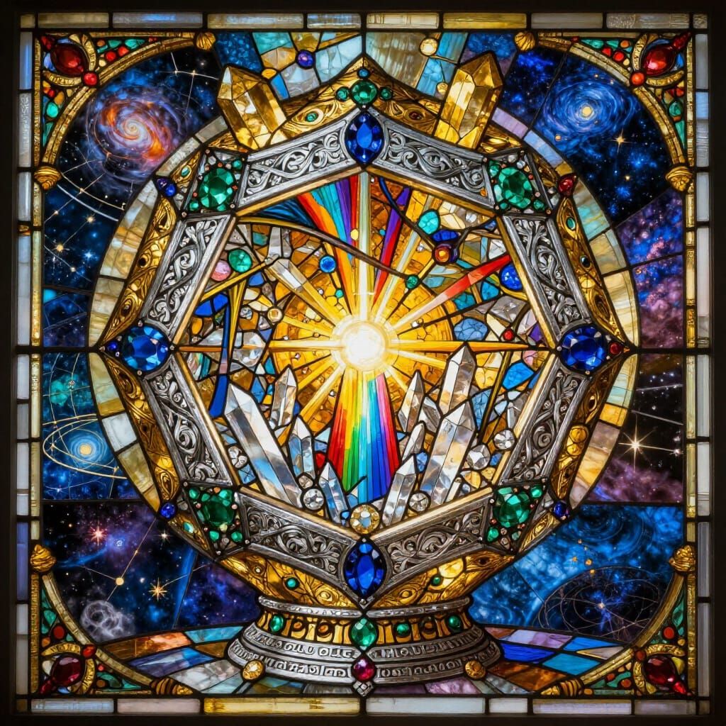 Majestic Stained Glass Philosopher's Stone in Cosmic Sanctua...