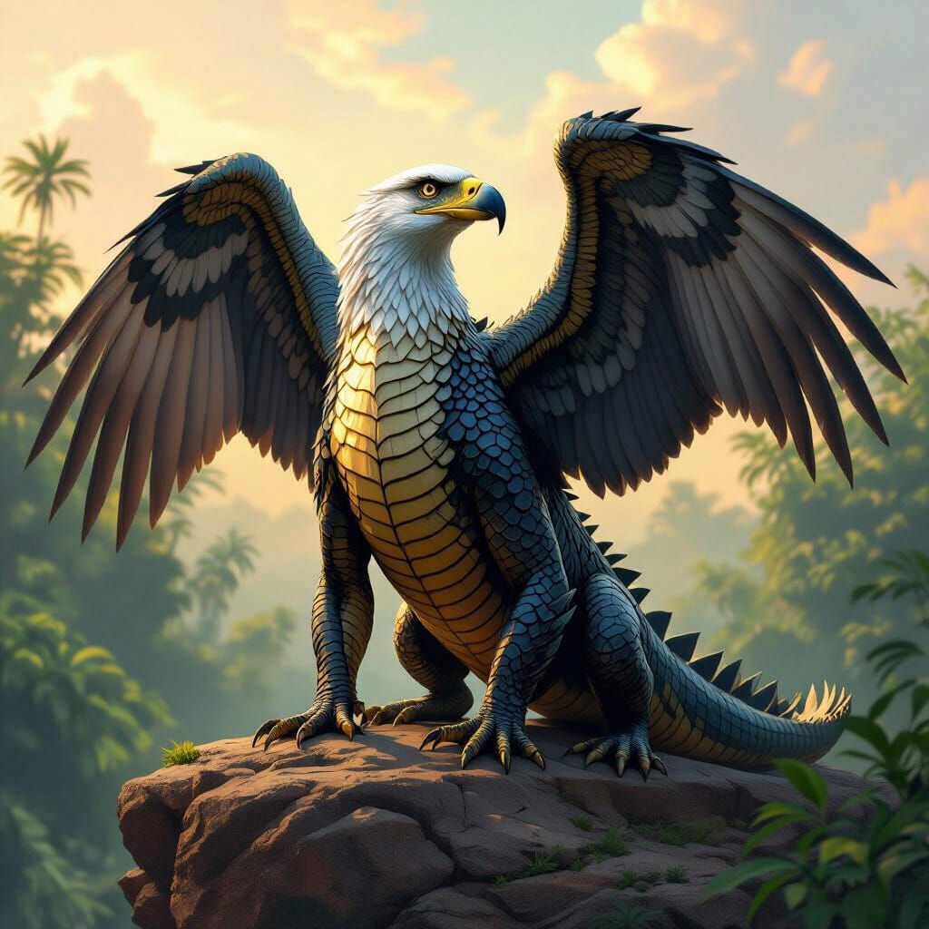 Mythical Eagle-Crocodile Hybrid in Dawn Jungle