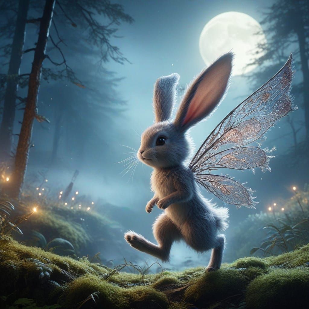 Enchanting Fairy Rabbit Creature in Moonlight Forest