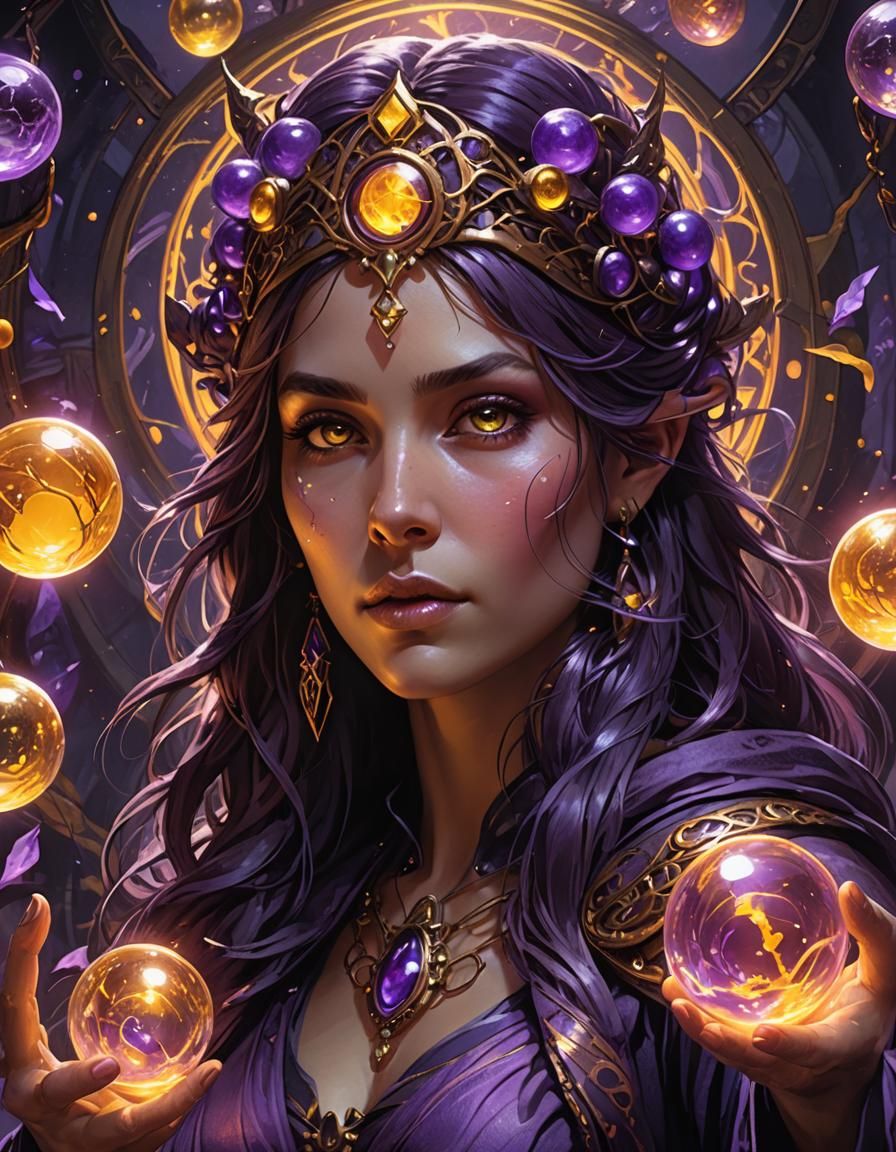 Sorceress Portrait with Magical Orbs in Dark Fantasy Art