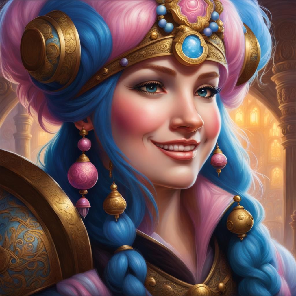 Smiling Pink-Haired Dwarven Cook in Ethereal Fantasy Style