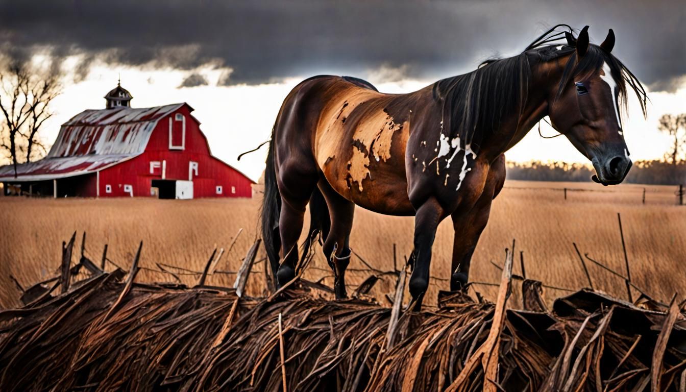 Imperfect Things, old barn, runaway horse, unfriendly sky