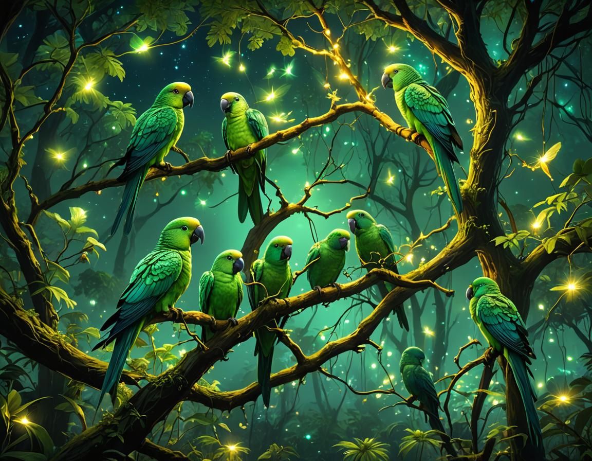 Bioluminescent Parrots in Enchanted Fairycore Forest