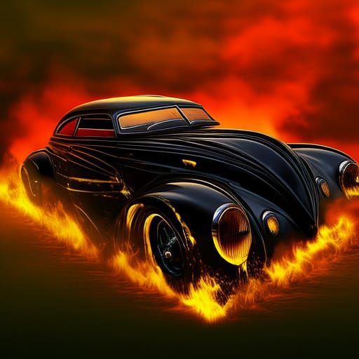 Vintage Car with Blue Flames in Retrowave Art