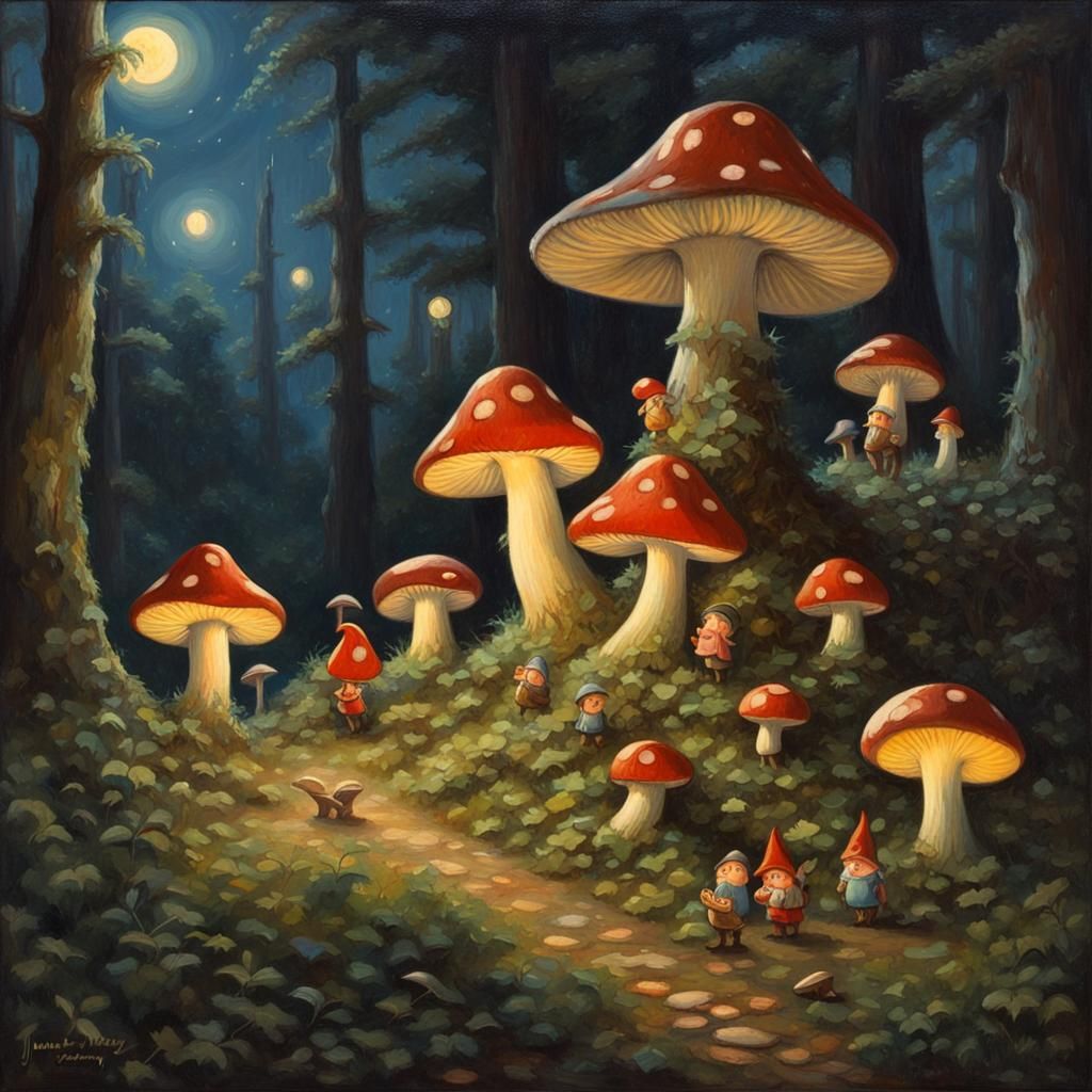 Gnome Families in Mushroomtown: Oil Painting by Gurney
