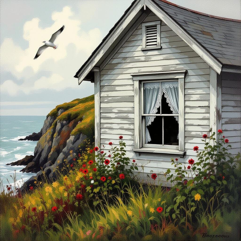 Weathered House by Cliffs in Expressive Style