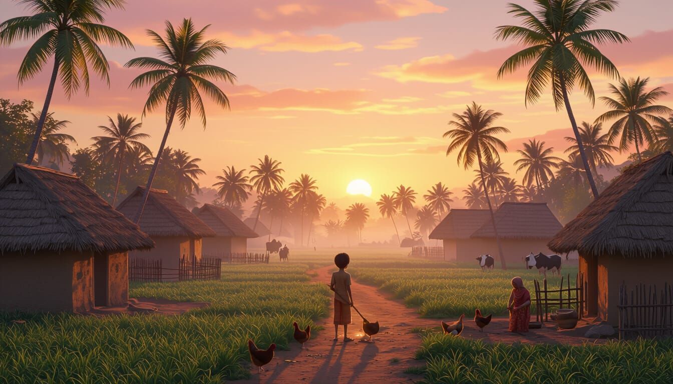 Sunrise Over Indian Village in Pixar-Ghibli Style