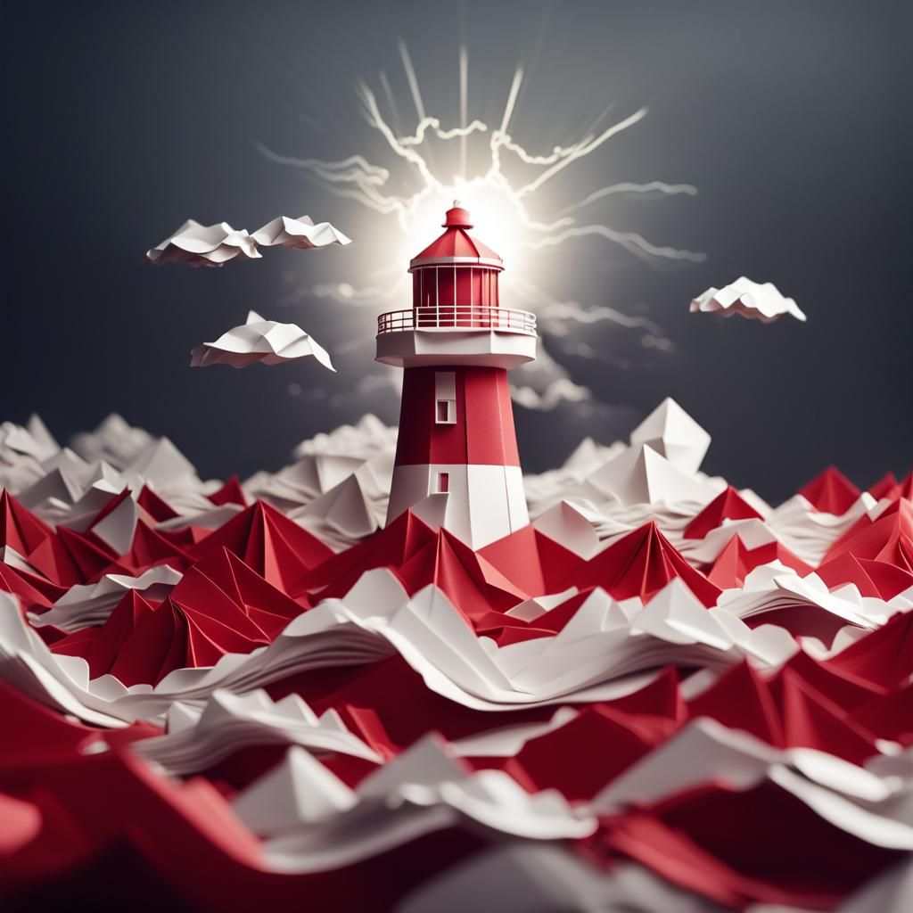 Abstract Origami Ocean Storm with Lighthouse