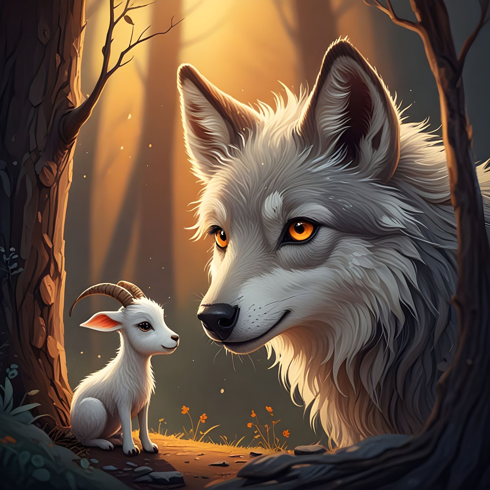 Whimsical Wolf Encounters a Playful Goat in Vibrant Colors