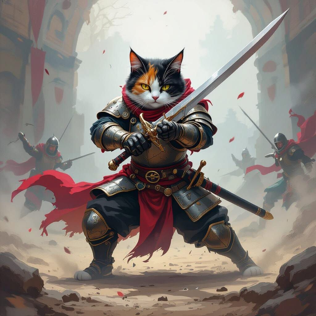 Armored Cat Warrior in Vibrant Fantasy Style