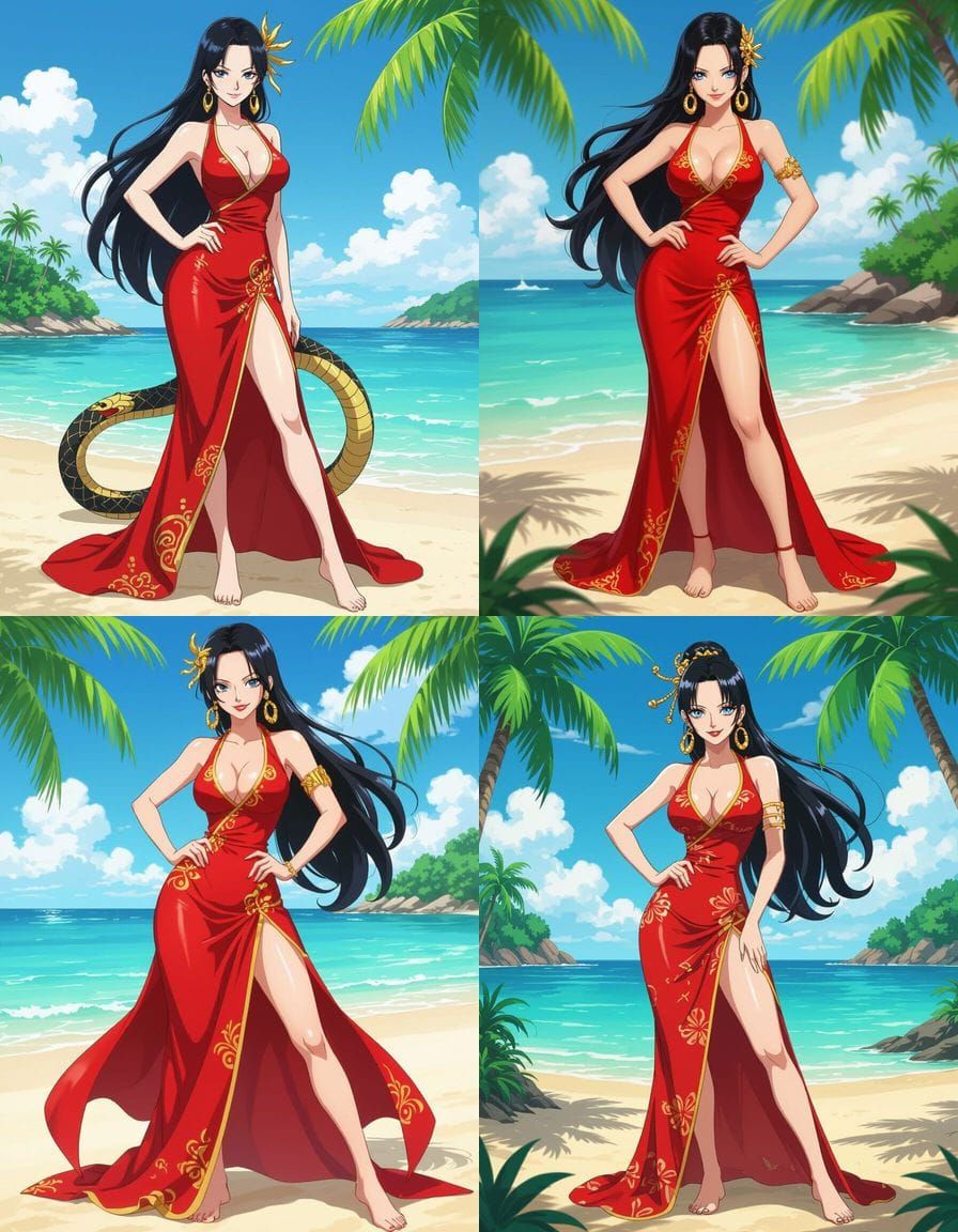 Boa Hancock in Alluring Red Dress on Tropical Island