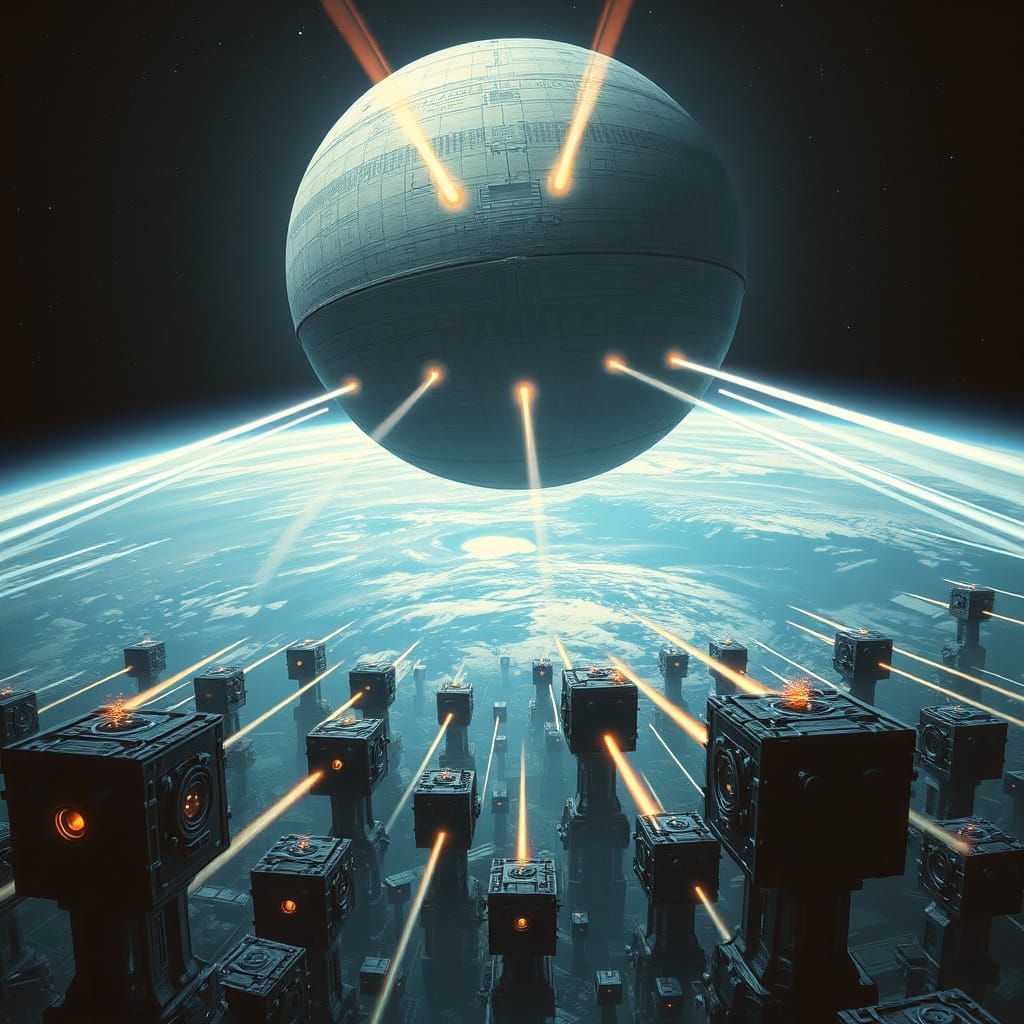 Deathstar and Borg Invasion of Earth in Futuristic Style