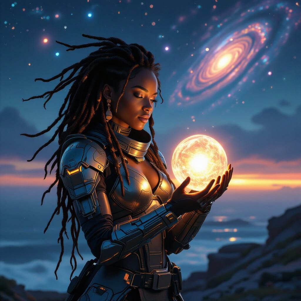 Futuristic Black Woman on Cliff with Glowing Orb