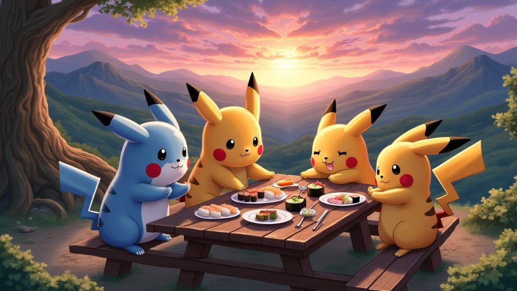 Pokémon Gather Around Whimsical Sushi Feast in a Ghibli-Insp...