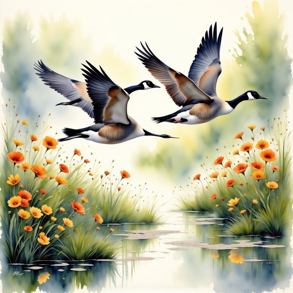 Canadian Geese Flight in Impressionist Watercolor