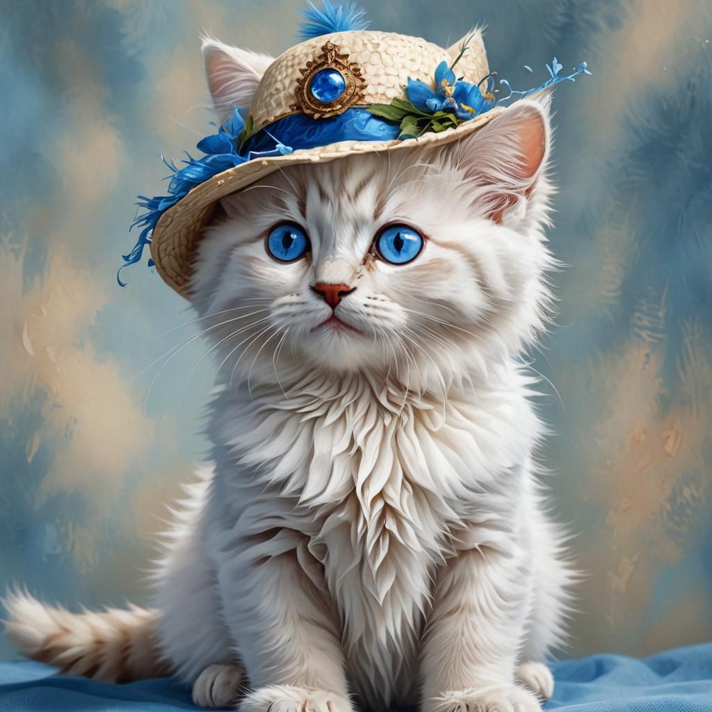 Whimsical White Siberian Kitten Oil Painting