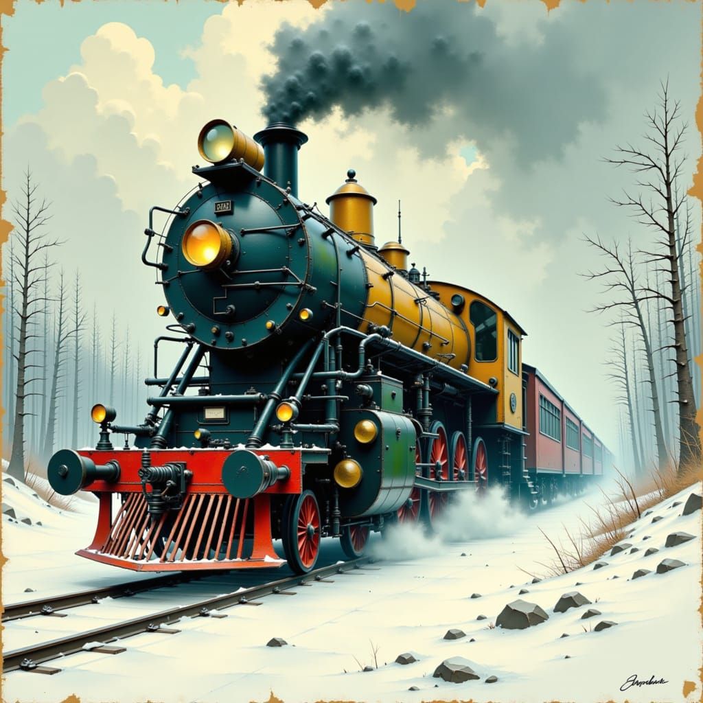 Silver Locomotive in Snowy Stockholm, Digital Art