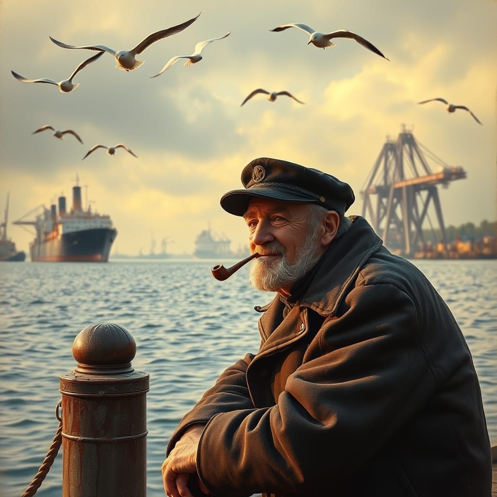 Weathered Sailor Lost in Harbor Reflections