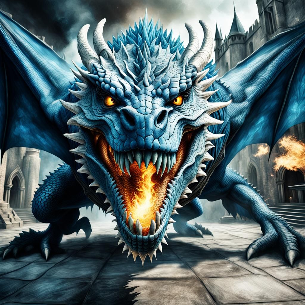 Blue Battle Dragon Breathing Fire in Fisheye View