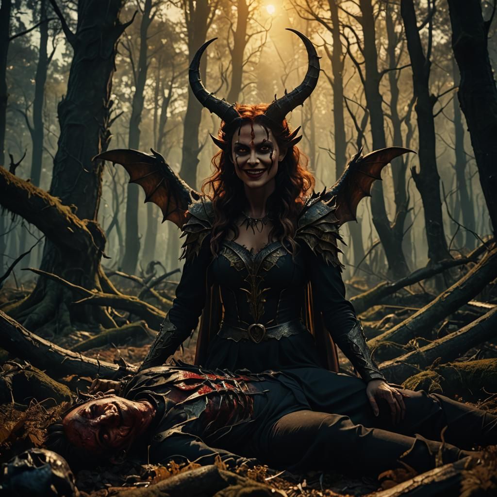 A Smiling Devil Woman Stands Over Her Fallen Prey in a Dark,...