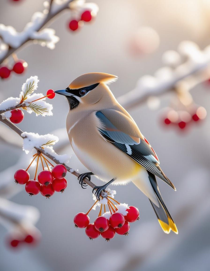 Cedar Waxwing Eats Berries in Frosted Tree