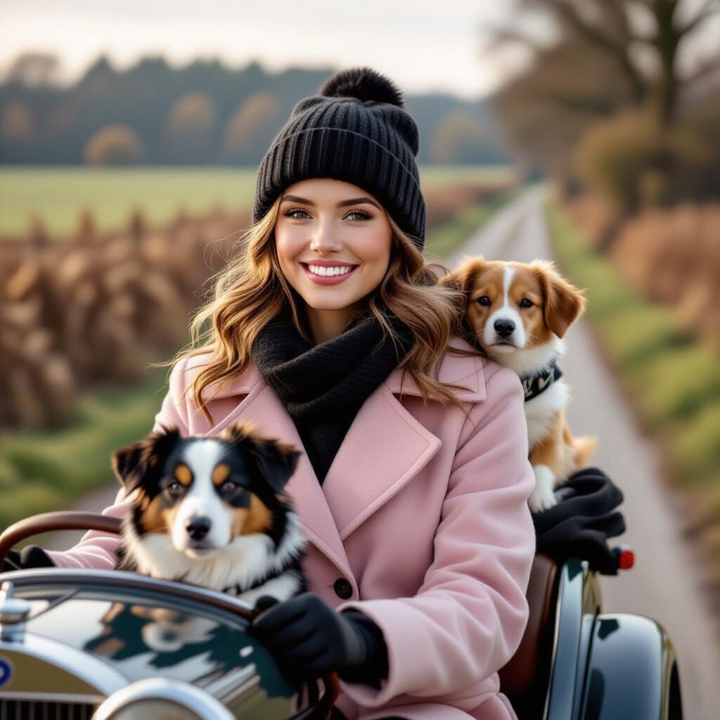 Nostalgic Car Ride with Dog in Hyperrealistic Style