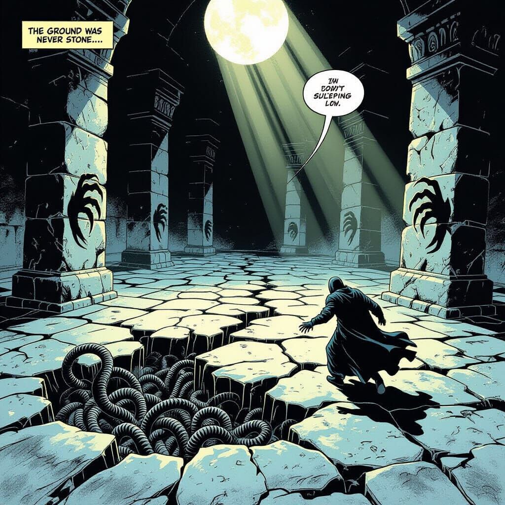 Surreal Horror Comic Page: Temple Floor Cracks Revealing Ser...