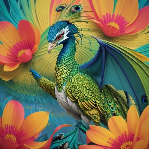 Surreal Silver Woman with Dragon Peacock, Expressionist Styl...