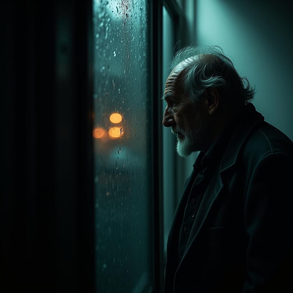 Shadowy Man Whispering in the Rain: Cinematic Still