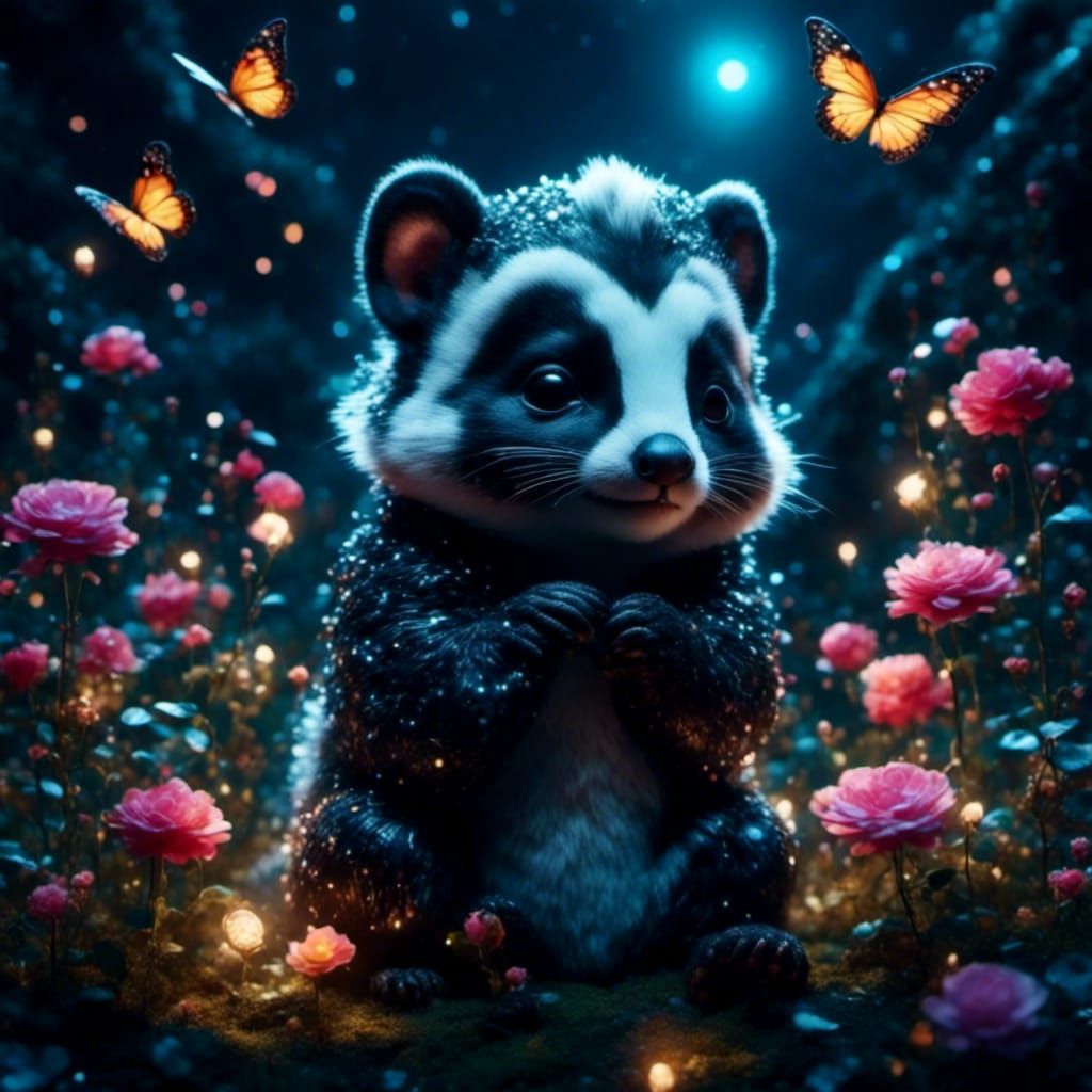 Baby Skunk in Magic Garden Under Full Moon