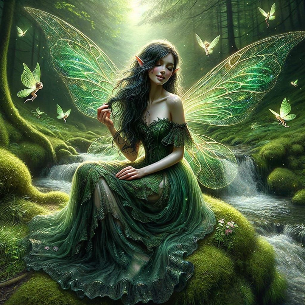 Enchanted Fairy Seated by Woodland Stream in Soft Watercolor...