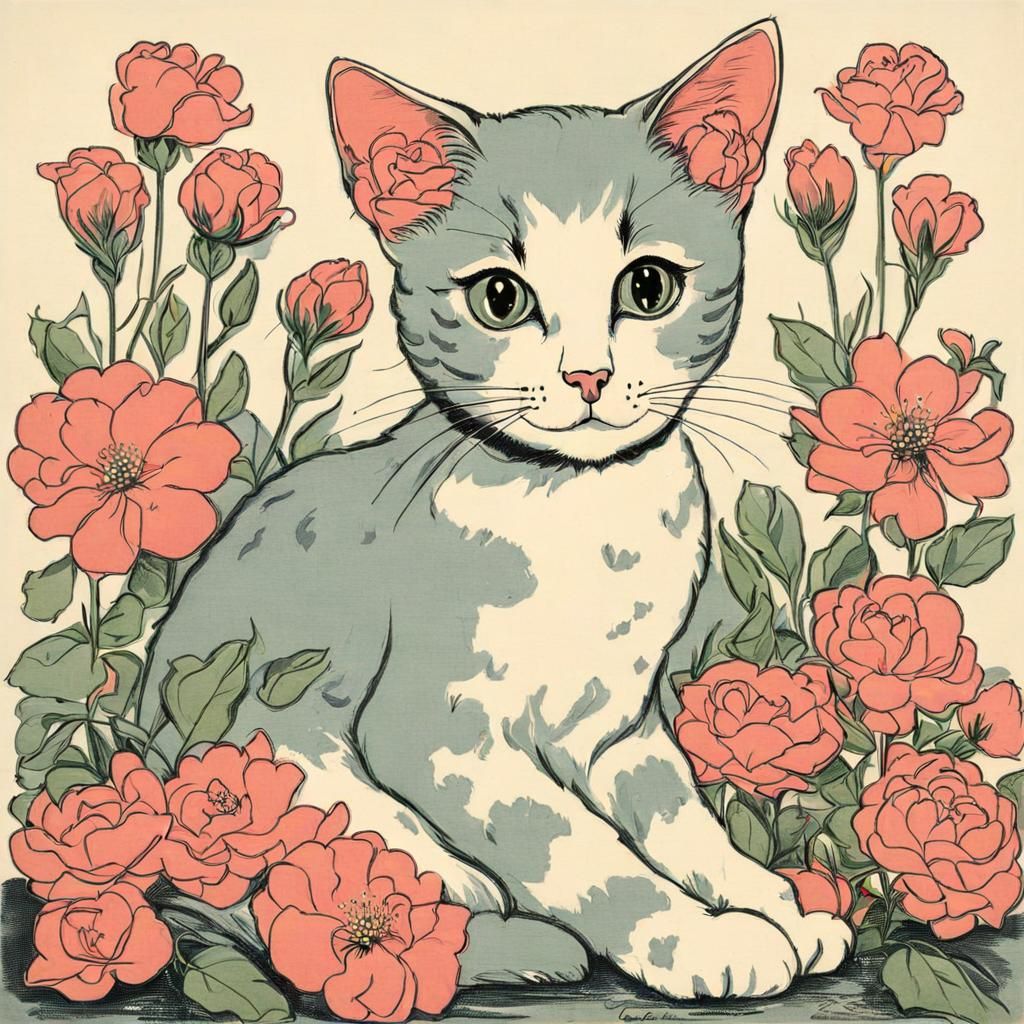 Whimsical Portrait of a Feline Companion in Bloom