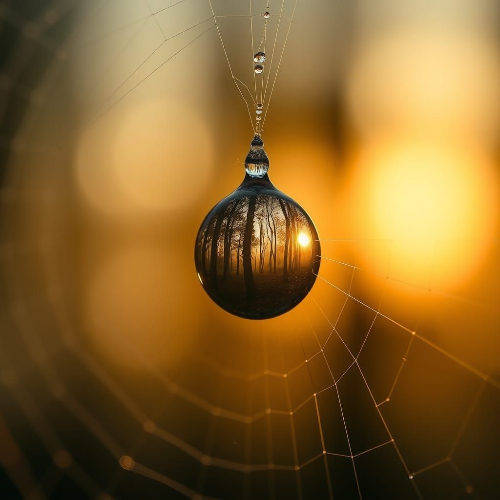 Dewdrop Reflecting Upside-Down Forest at Sunrise