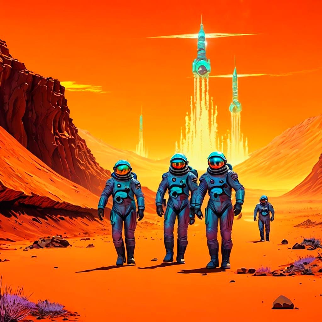 Soviet Cosmonauts in Retro-Futuristic Martian Town