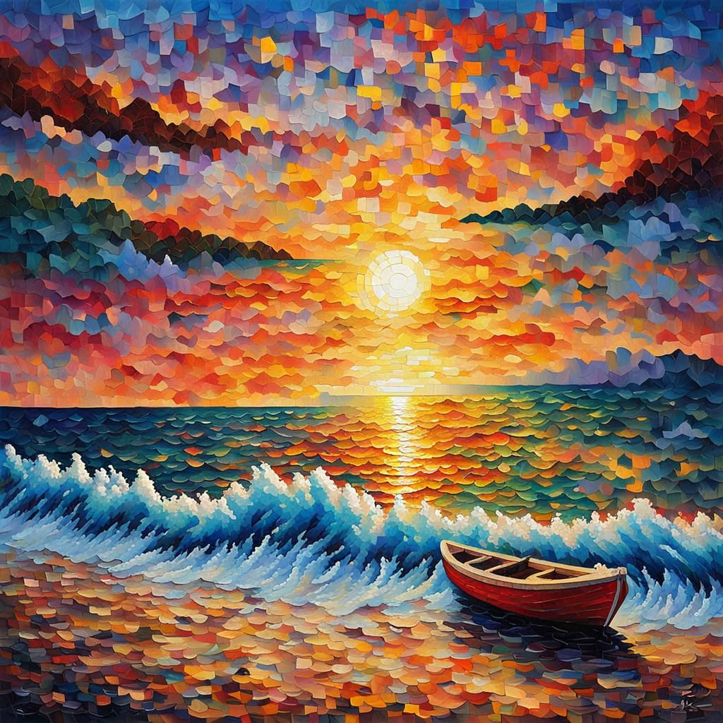 Colorful Pixelated Sunset Beach Mosaic: Neo-Impressionist St...