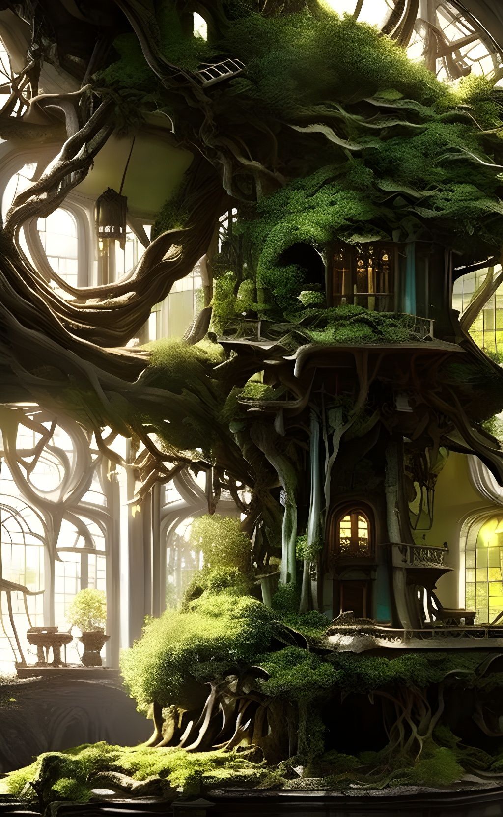 Intricate Nouveau Rococo Treehouse with Bonsai Yggdrasil