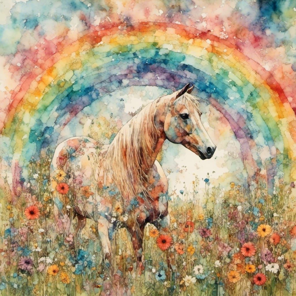 Rainbow Wild Horse Encaustic Collage in 1960s Style