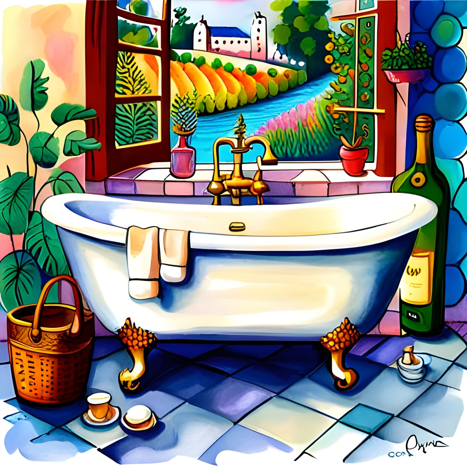 Elegant Clawfoot Bathtub with Wine in Splash Art