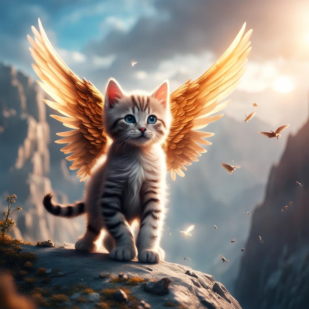 Angel Kitten Soaring Around a Mountain in Matte Painting