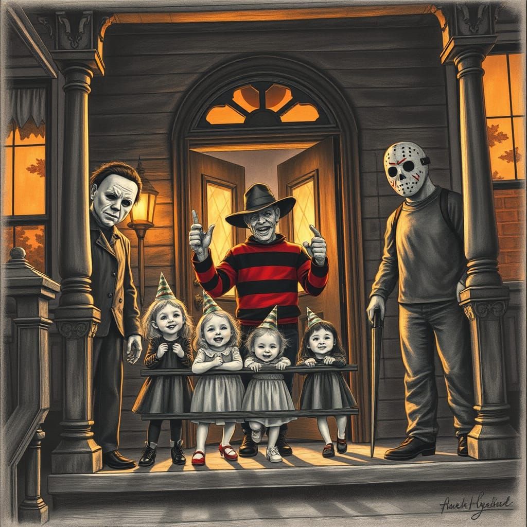 Horror Villains at Victorian House in Charcoal Style