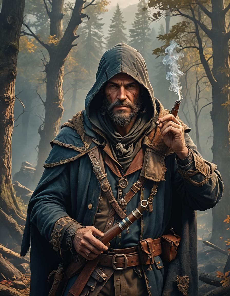 Hooded Frontiersman Smoking Pipe in Detailed Matte Painting