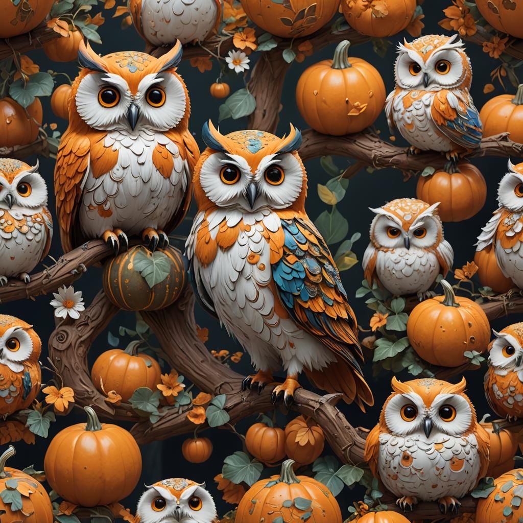 Colorful Fluffy Owls on Giant Gourd