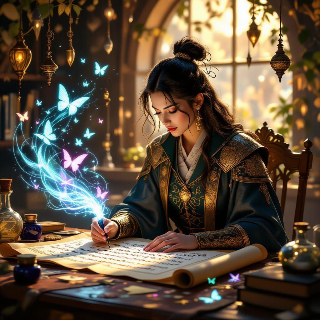 Mystical Calligrapher Creates Light Butterflies from Glowing...