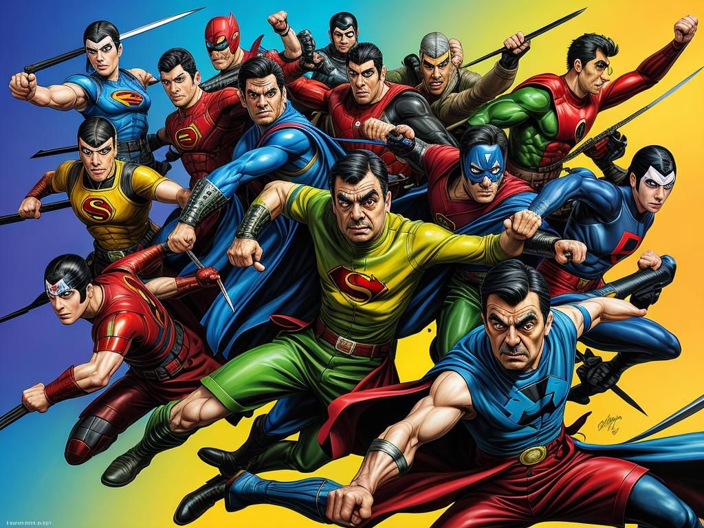 Mr. Bean as a super villain armed with Sais fighting 17 bad ...